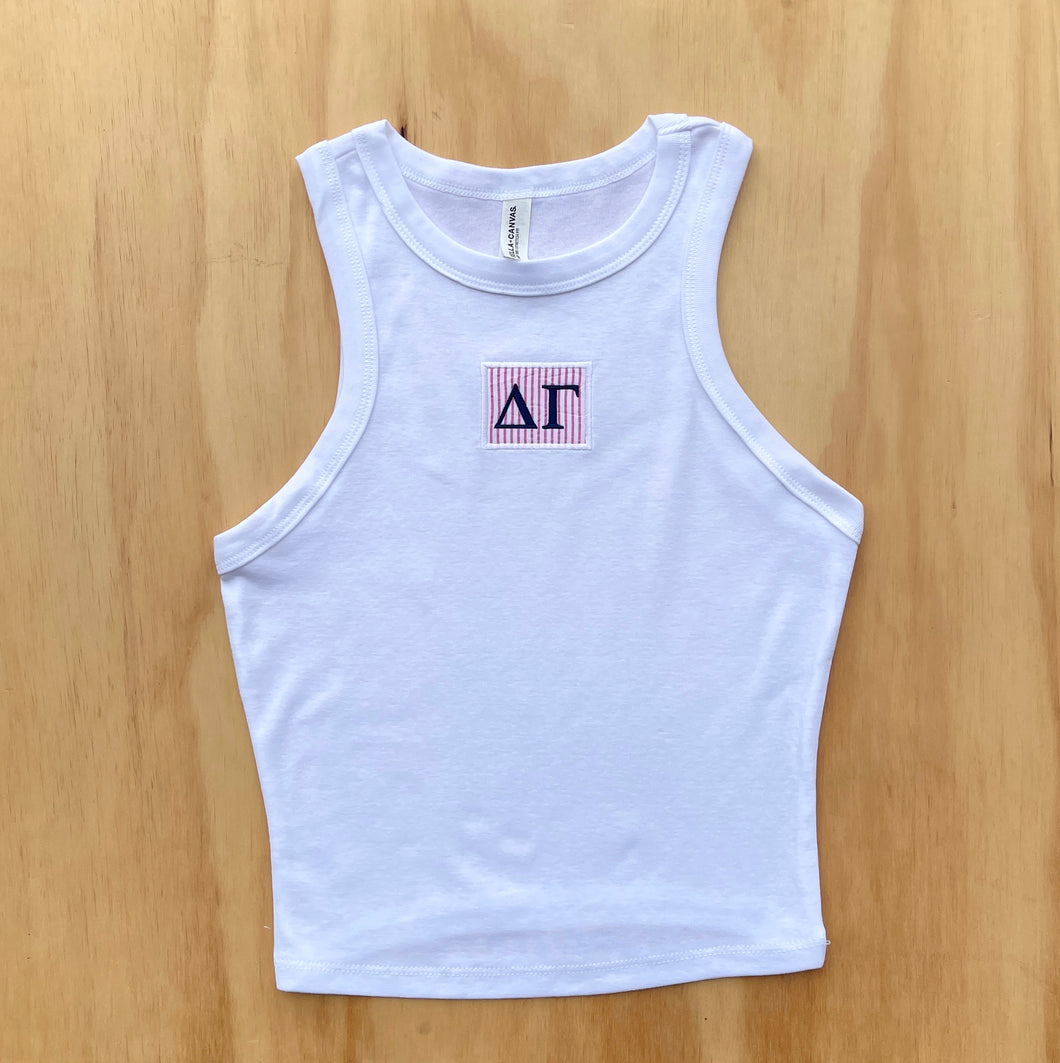 Delta Gamma Seersucker Patch Crop Tank