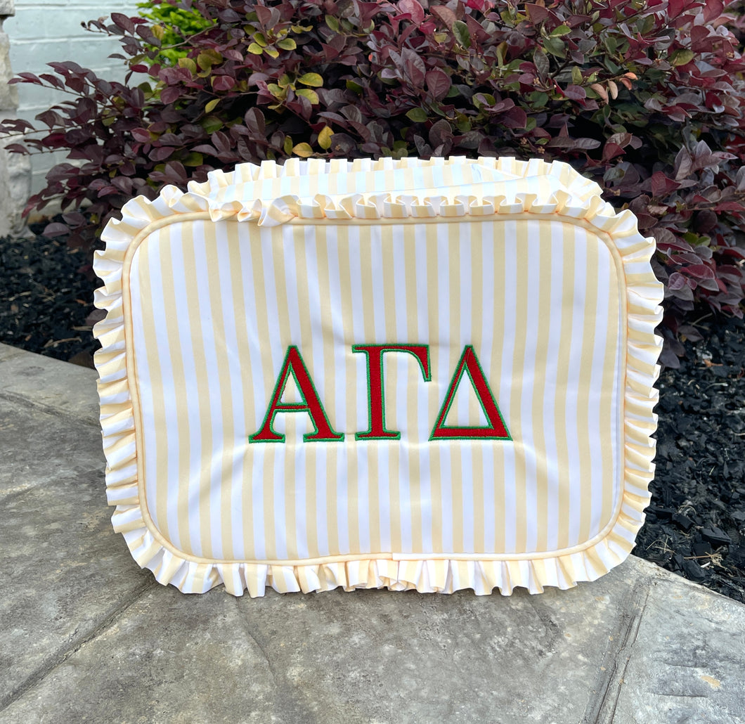 Alpha Gamma Delta Stripe Ruffle Cosmetic Bag
