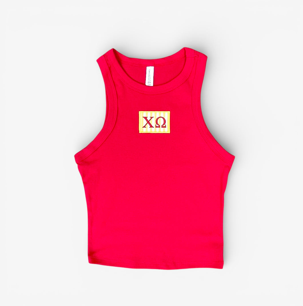 Chi Omega Yellow Stripe Patch Crop Tank
