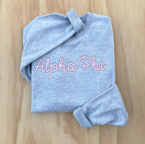 Alpha Phi  Pink Script Grey Sweatshirt