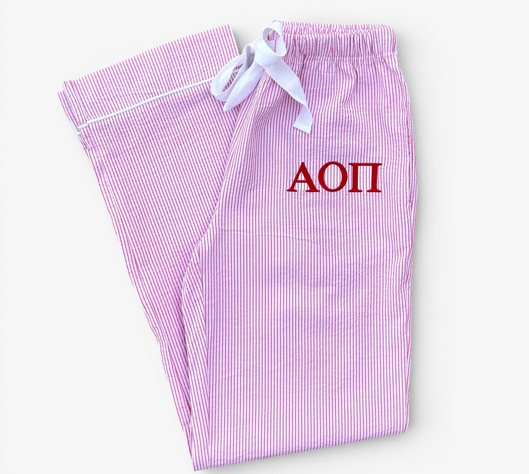 Alpha Omicron Pi Pink Seersucker Pajama Pants