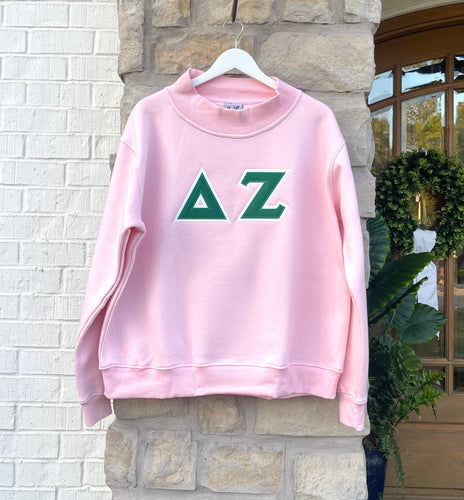 Delta Zeta Pink Stitched Letter Mock Neck Sweatshirt