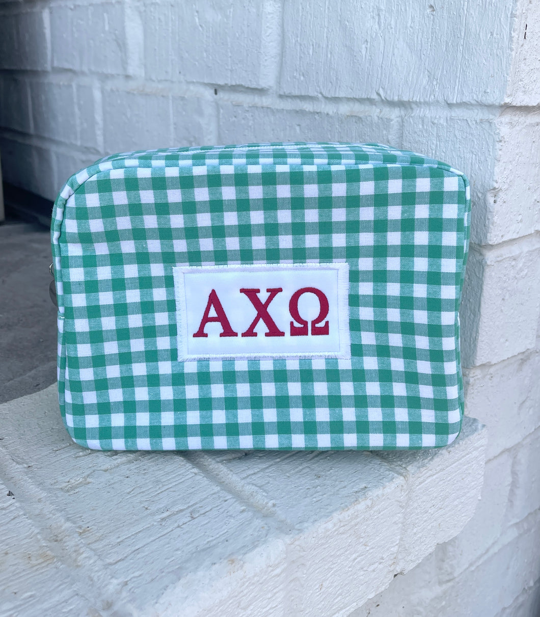 Alpha Chi Omega Green Gingham Cosmetic