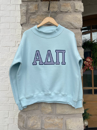 ETSU - ADPi Gingham Letter Blue Mock Neck