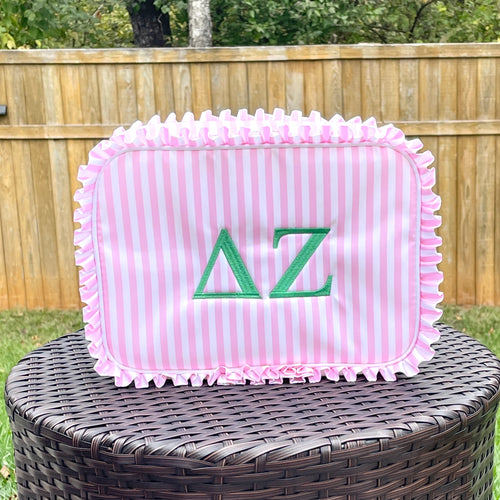 Delta Zeta Pink Stripe Ruffle Cosmetic Bag