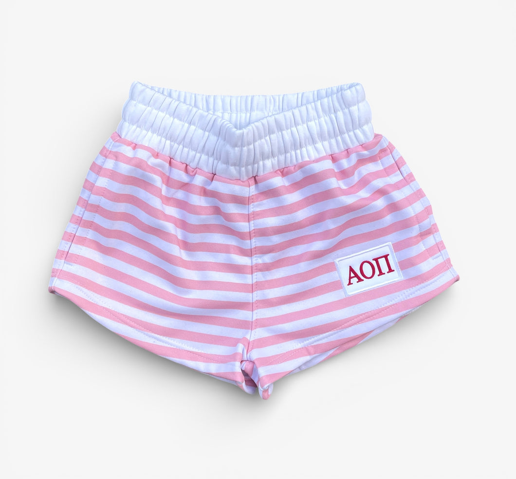 Alpha Omicron Pi Pink Stripe Patch Shorts