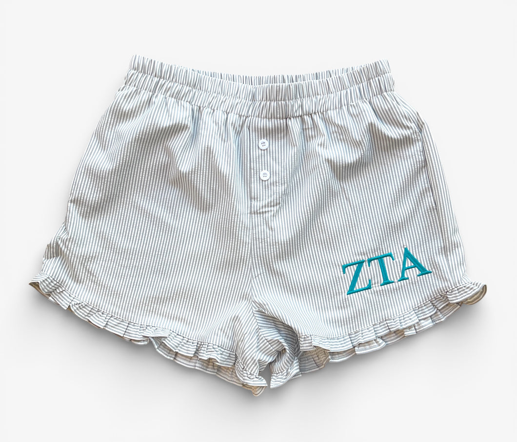Zeta Tau Alpha Grey Stripe Ruffle Shorts