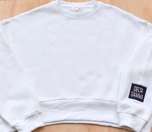 Delta Gamma Patch Sleeve White Sweatshirt