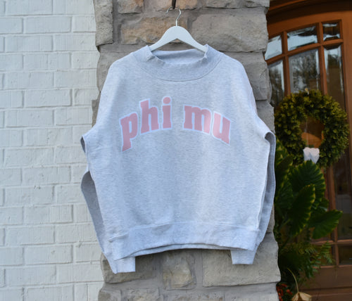 Phi Mu Mock Lowercase Raw Edge Mock Neck Sweatshirt