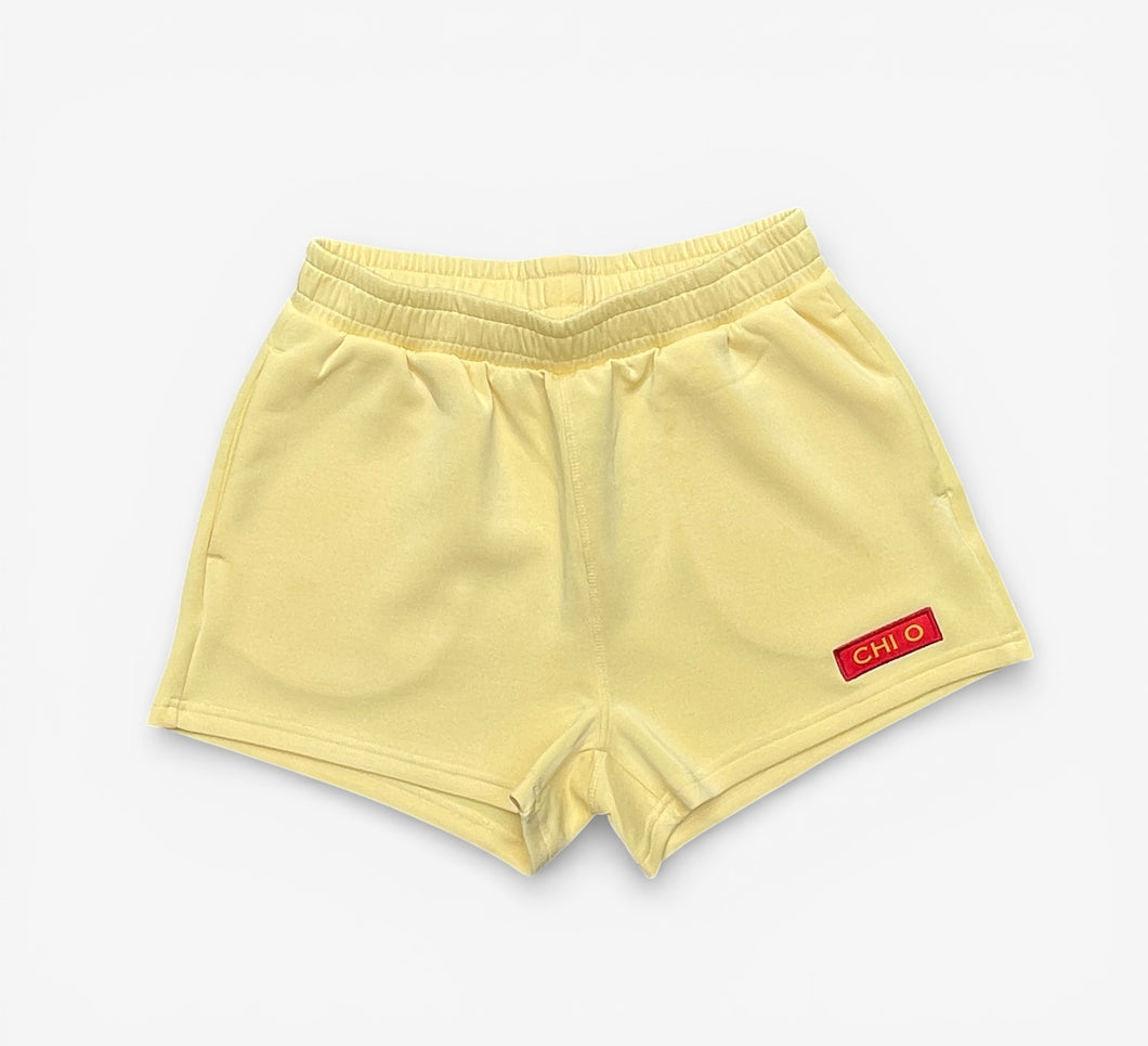 Chi Omega Patch Yellow Scuba Shorts