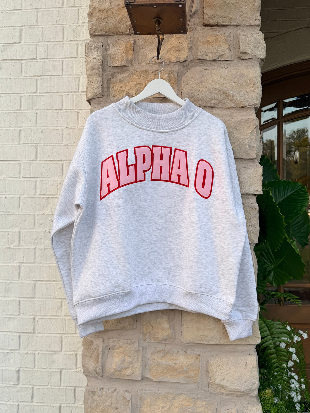 Alpha O Grey Stitched Letter Mock Neck Sweatshirt